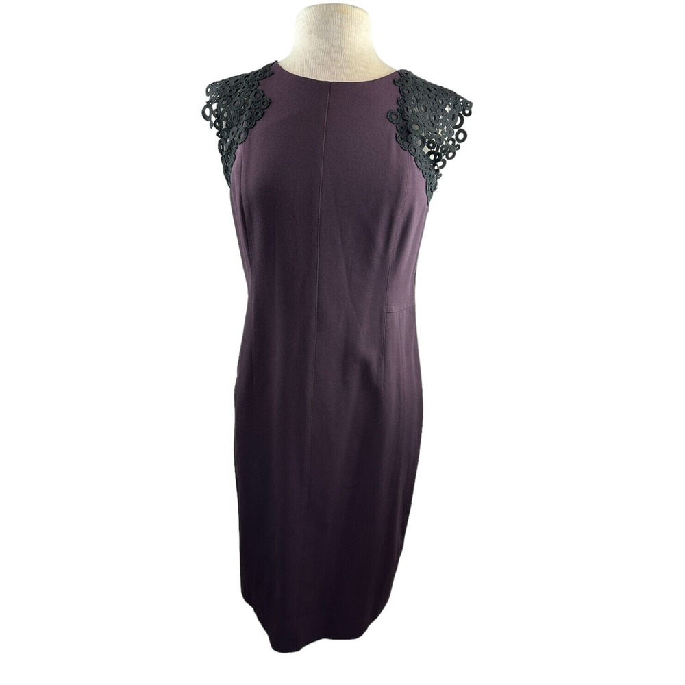 Akris Punto Sheath Dress Crochet Mesh Cap Sleeves Eggplant Purple Women's Size 8 - Picture 5 of 16